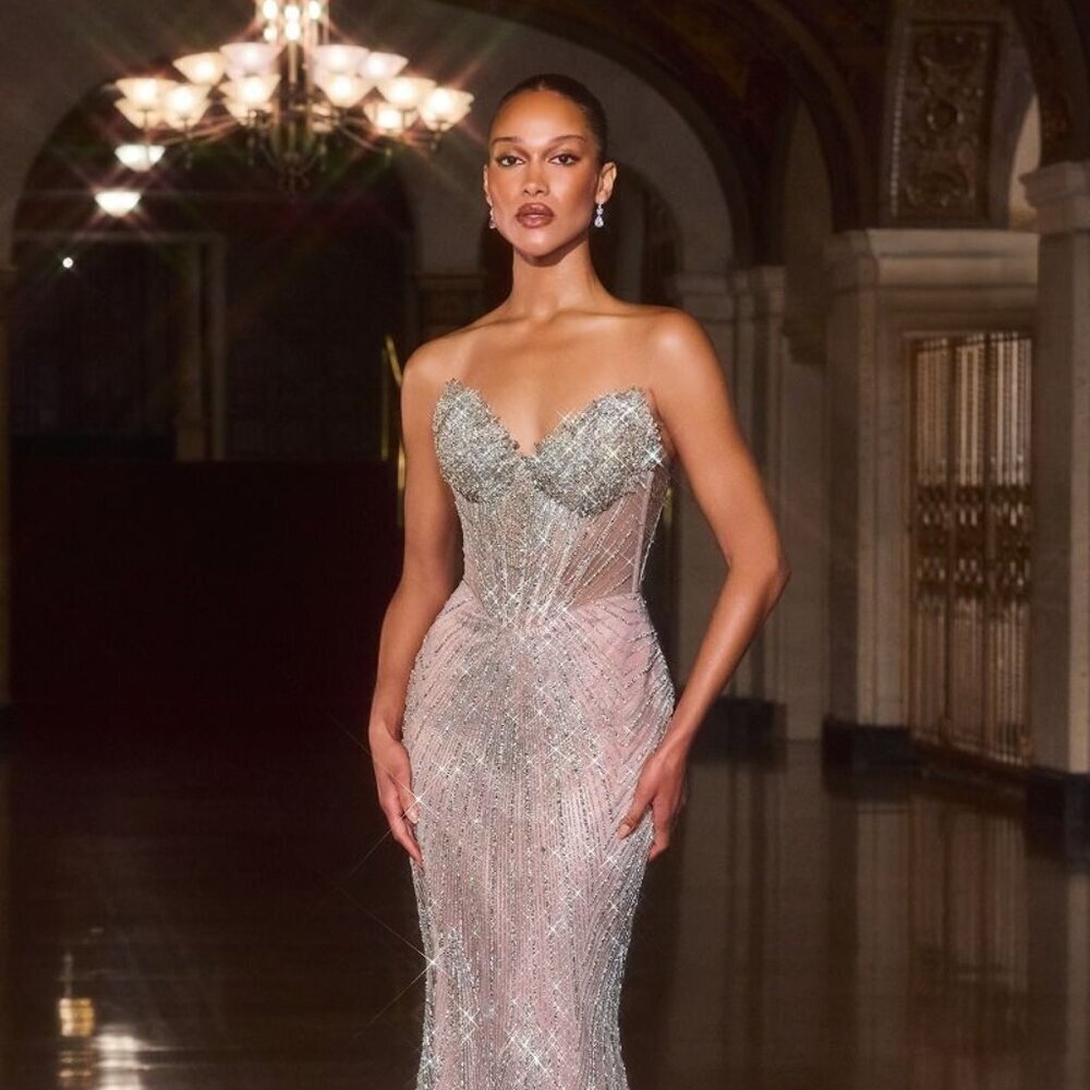 New Silver-Nude Ceremonial Gown w/ Corset Bodice & Crystals Embroidery CD J903
